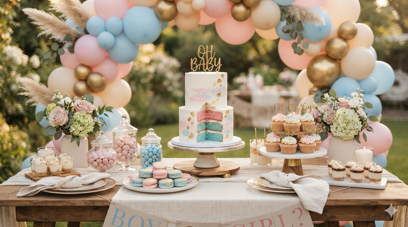 Gender Reveal Party Ideas: Balloon Arch and Dessert Table Pink and blue balloon arch behind a gender reveal dessert table with a cake and pastel treats