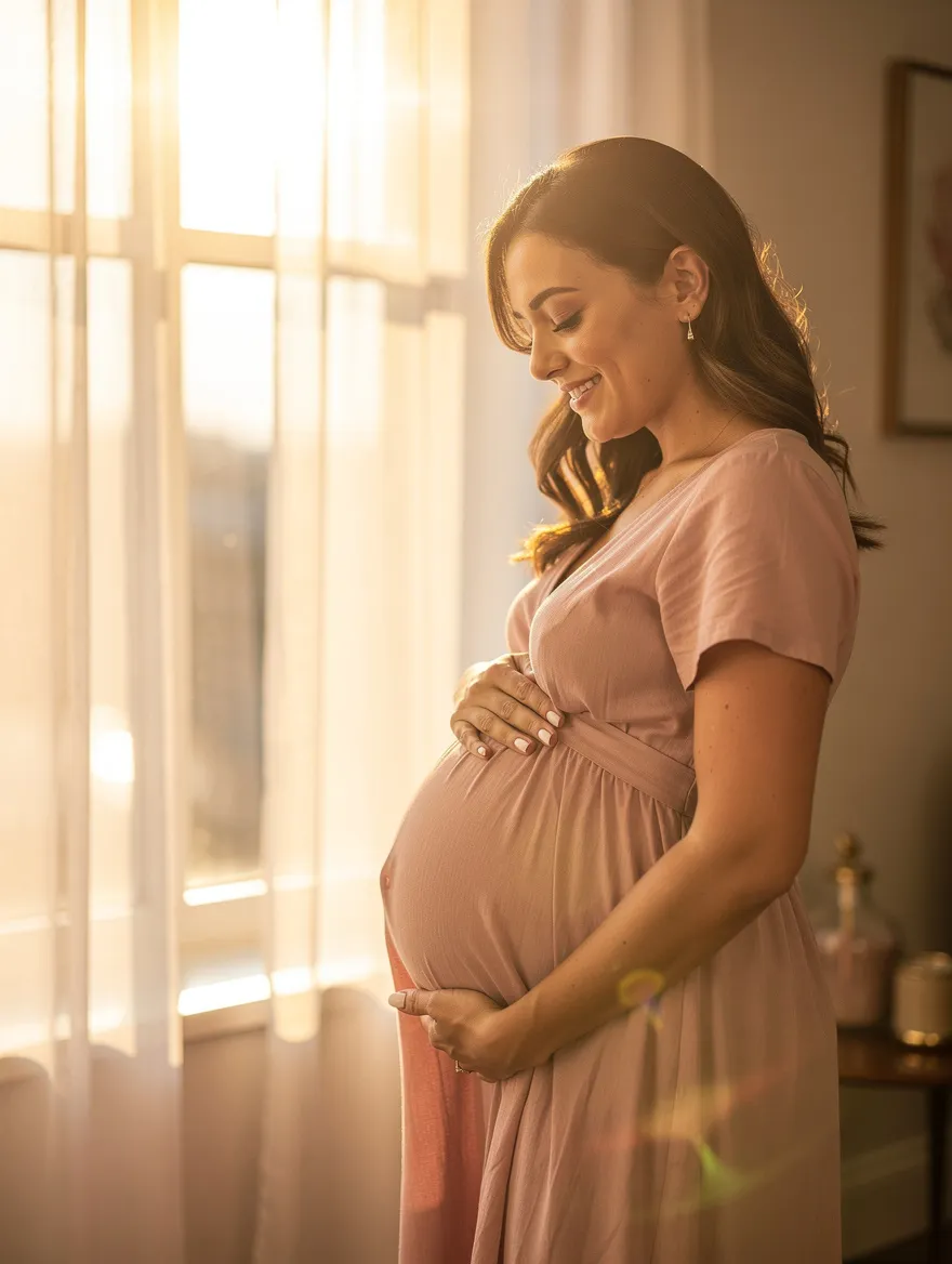Expecting mother in early pregnancy Pregnant woman gently holding her belly by a sunlit window