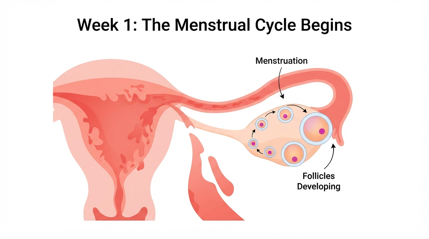 Diagram of the uterus and one ovary during week 1, showing the uterine lining shedding during menstruation while several follicles develop and one becomes dominant