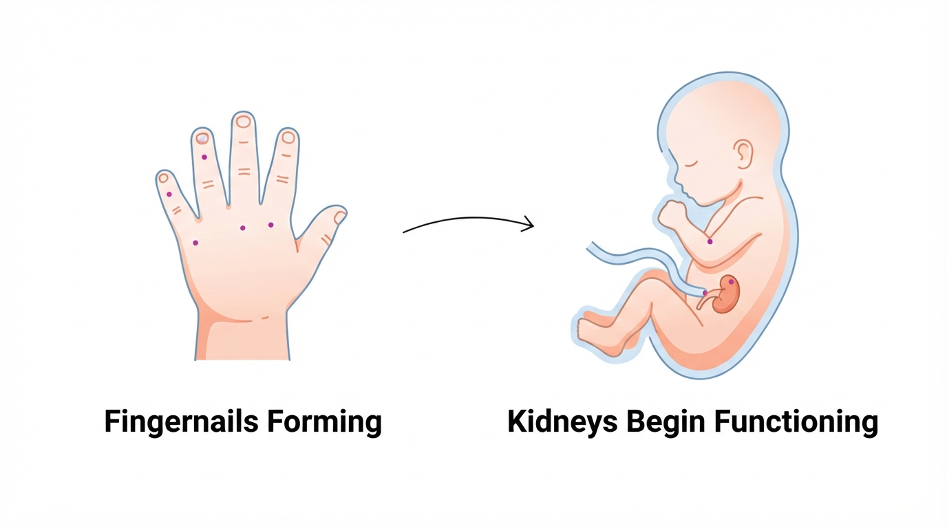 Week 10: Organs Begin to Function Diagram showing fingernail formation and early organ function including the kidneys at 10 weeks pregnant