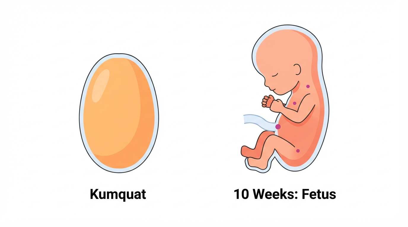Week 10: Kumquat Size Comparison Diagram comparing a kumquat to a 10 week fetus, showing developing fingernails and a more elongated body shape