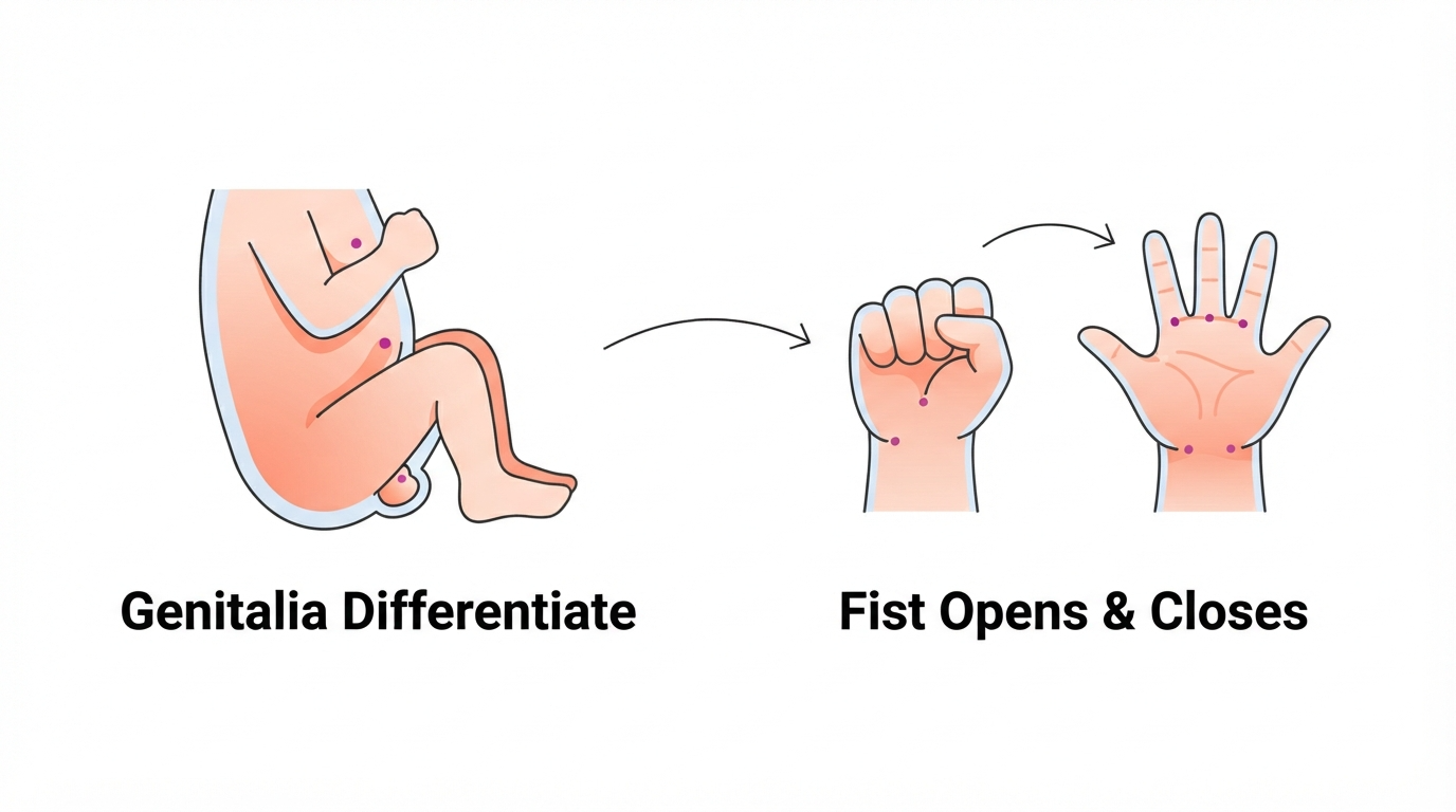 Week 11: Genitalia Differentiate, Fists Open and Close Diagram showing external genitalia beginning to differentiate and a small fist opening and closing at 11 weeks pregnant