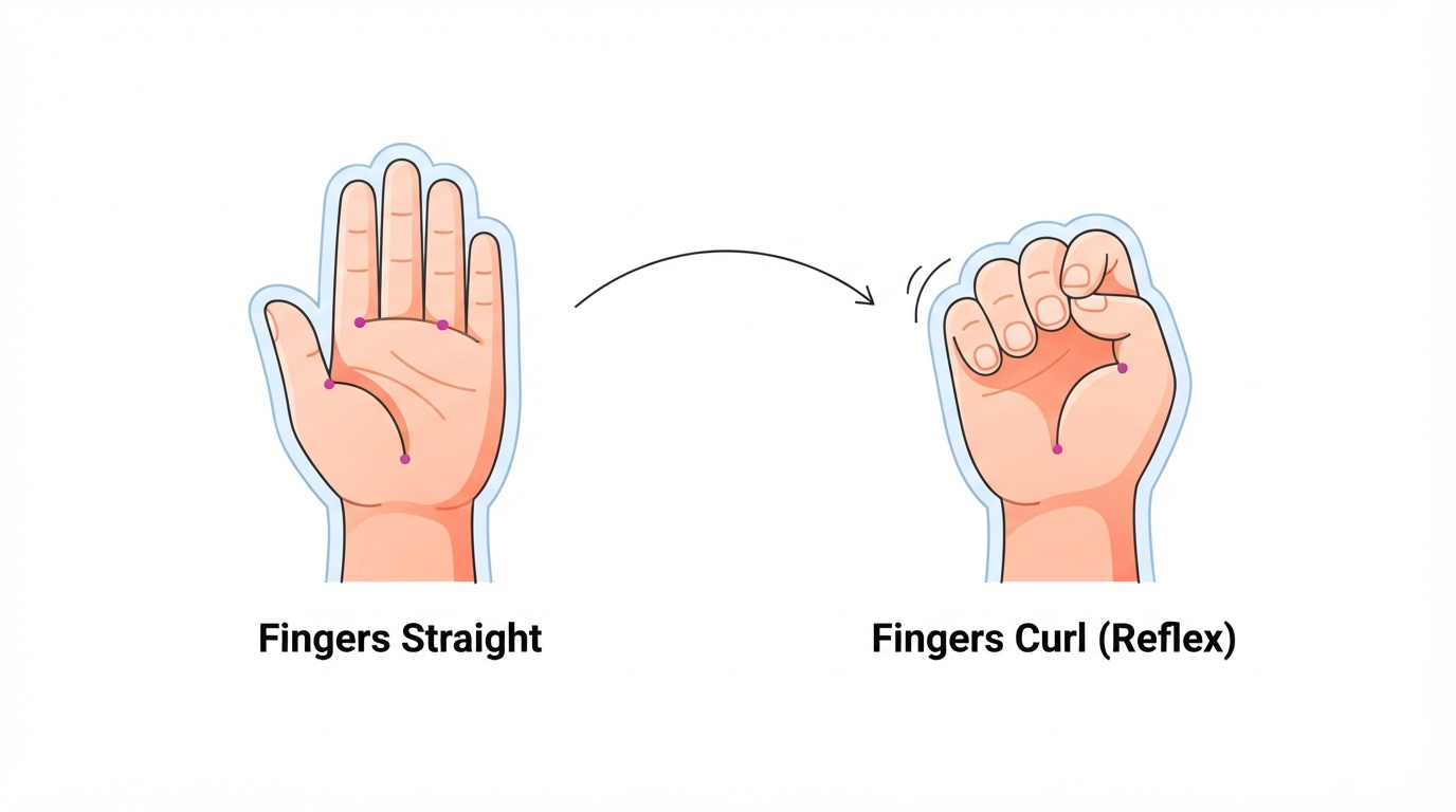 Week 12: Reflexes Develop Diagram showing fingers and toes curling as early reflexes develop at 12 weeks pregnant