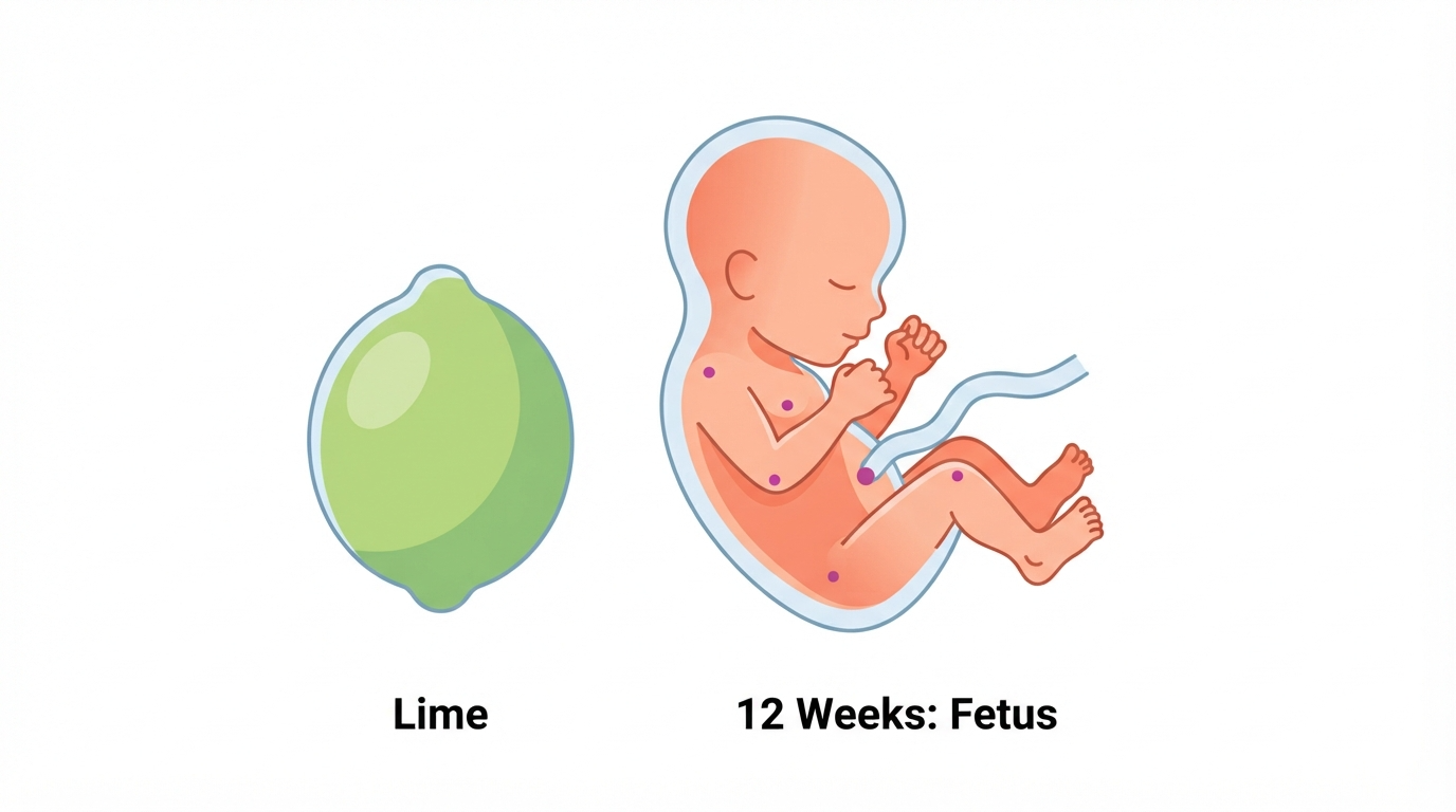 Week 12: Lime Size Comparison Diagram comparing a lime to a 12 week fetus, showing a well-proportioned body with curled fingers and toes