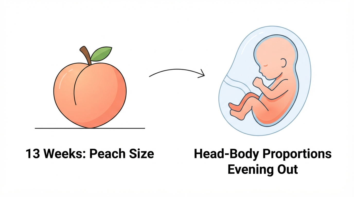 Week 13: Peach Size Comparison Diagram comparing a peach to a 13 week fetus, showing a more proportionate head-to-body ratio