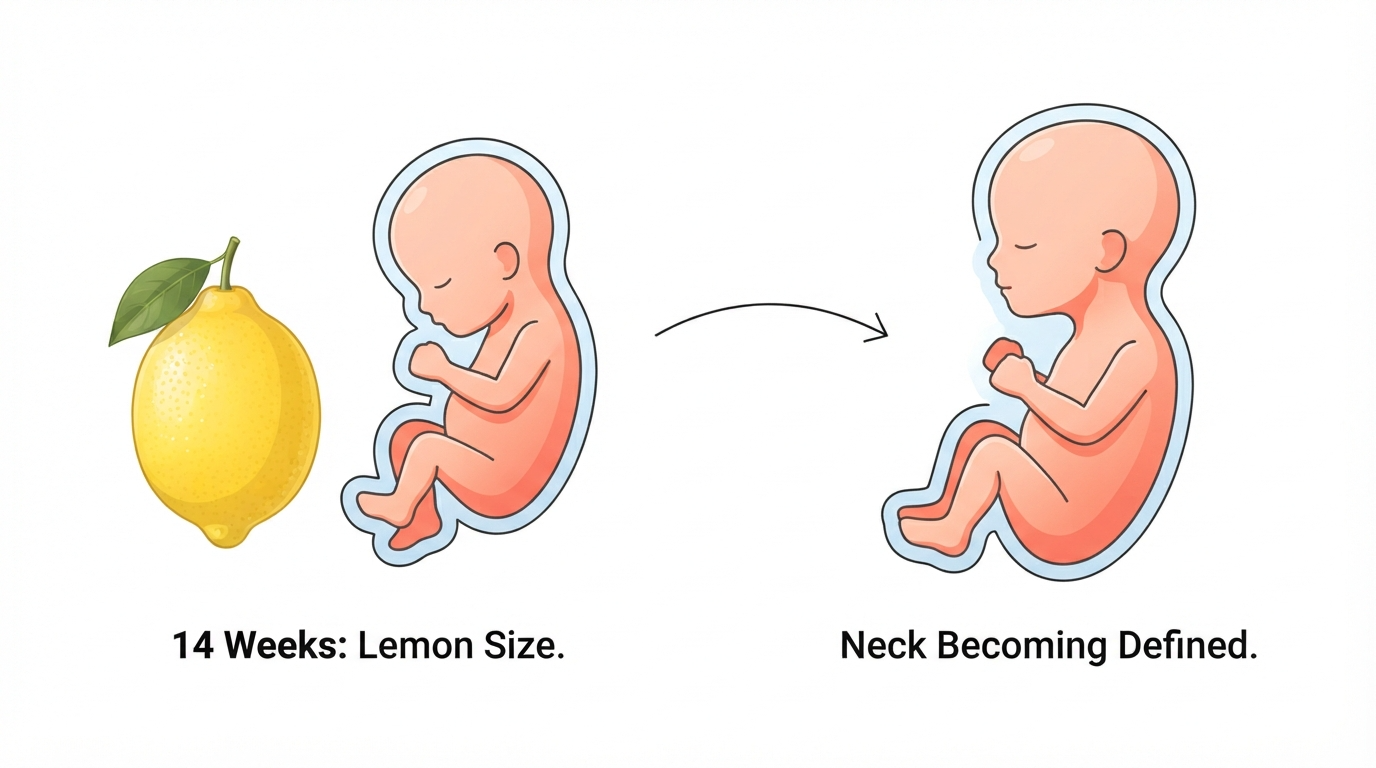 Week 14: Lemon Size Comparison Diagram comparing a lemon to a 14 week fetus, showing a more defined neck and active facial muscles
