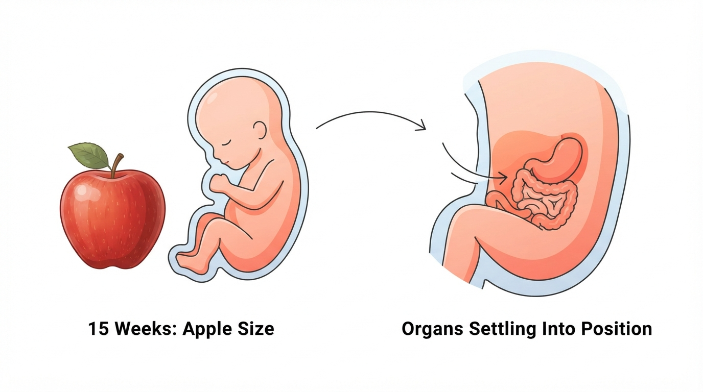 Week 15: Apple Size Comparison Diagram comparing an apple to a 15 week fetus, showing organs settling into permanent positions
