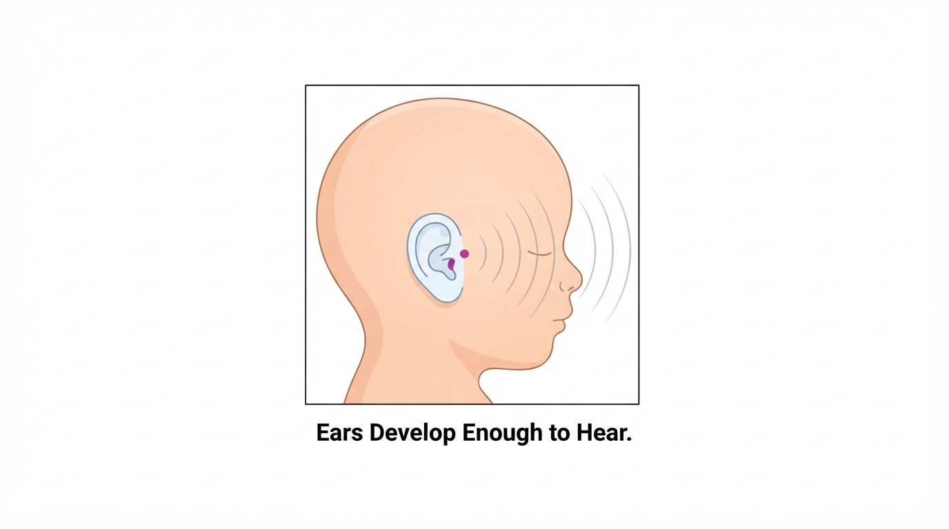 Week 16: Ears Develop Enough to Hear Diagram showing a fetus's ears developed enough to hear sound at 16 weeks pregnant