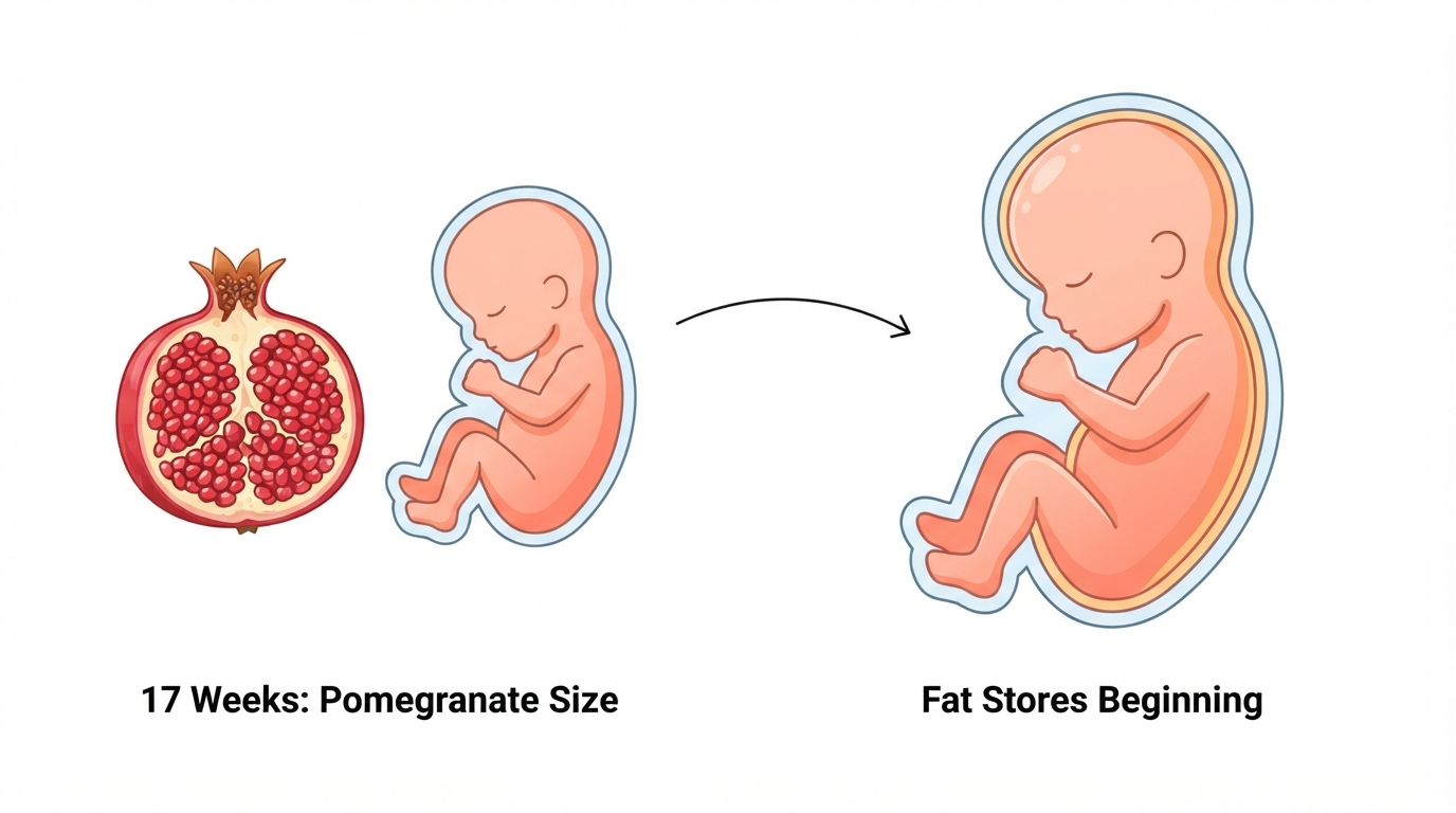 Week 17: Pomegranate Size Comparison Diagram comparing a pomegranate to a 17 week fetus, showing thin skin beginning to build fat stores