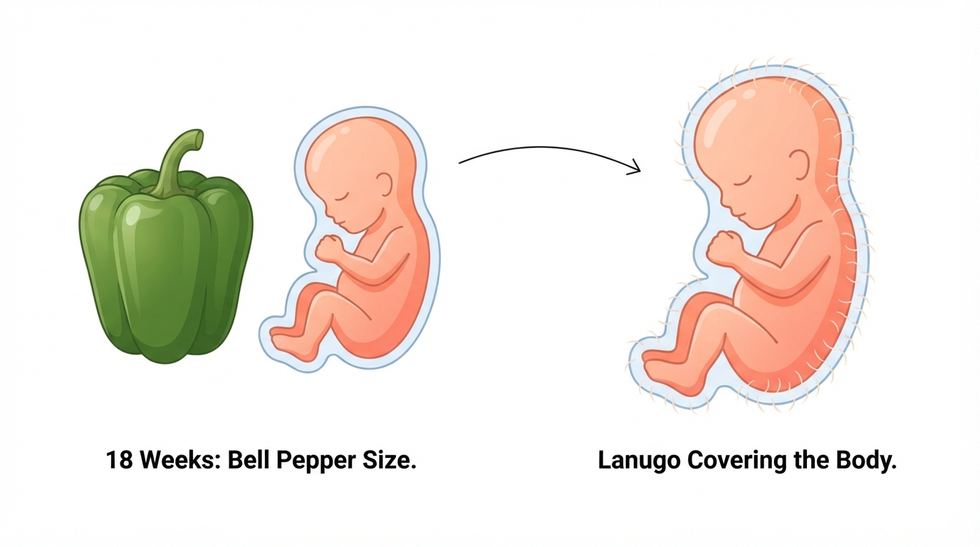 Week 18: Bell Pepper Size Comparison Diagram comparing a bell pepper to an 18 week fetus, showing soft downy lanugo hair covering the body