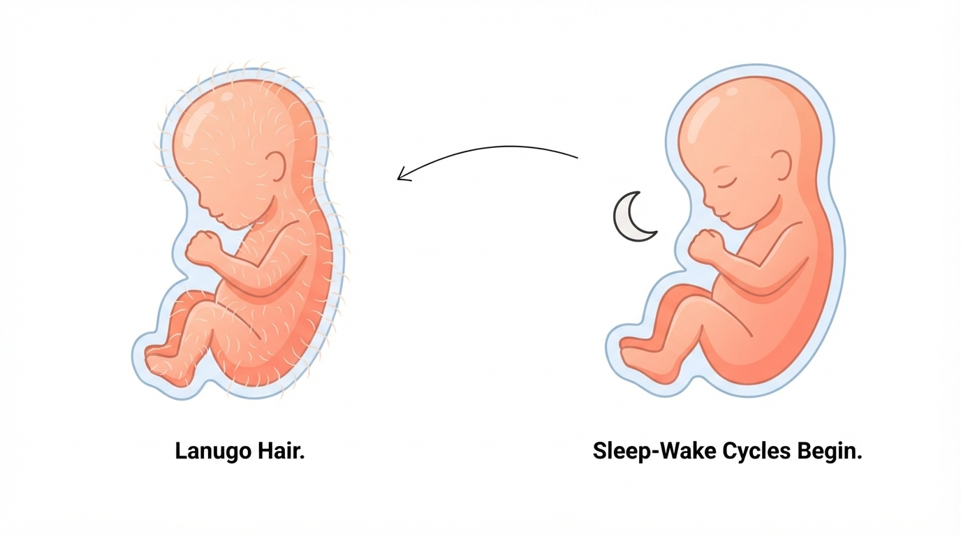 Week 18: Lanugo and Sleep-Wake Cycles Diagram showing lanugo hair covering a fetus and early sleep-wake cycles developing at 18 weeks pregnant