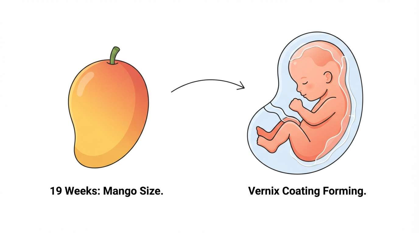 Diagram comparing a mango to a 19 week fetus, showing a thin waxy vernix coating on the skin