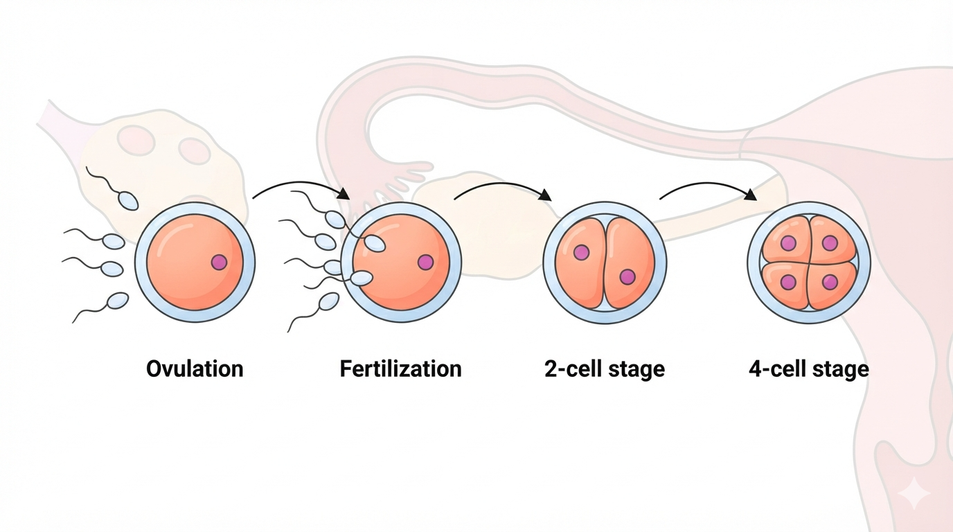 Week 2: Ovulation, Fertilization & Early Cell Division Diagram of the week 2 pregnancy sequence showing an ovary releasing a mature egg during ovulation, sperm fertilizing the egg in the fallopian tube, and the fertilized egg dividing into a 2-cell stage and a 4-cell stage as it travels toward the uterus