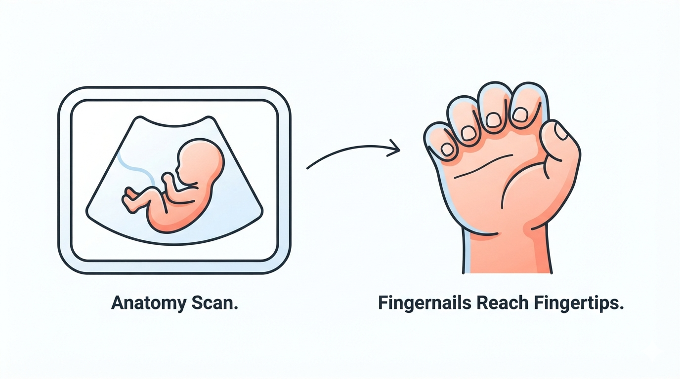 Week 20: Anatomy Scan and Sensory Development Diagram showing an anatomy scan ultrasound view alongside a fetus with fingernails reaching the fingertips at 20 weeks pregnant