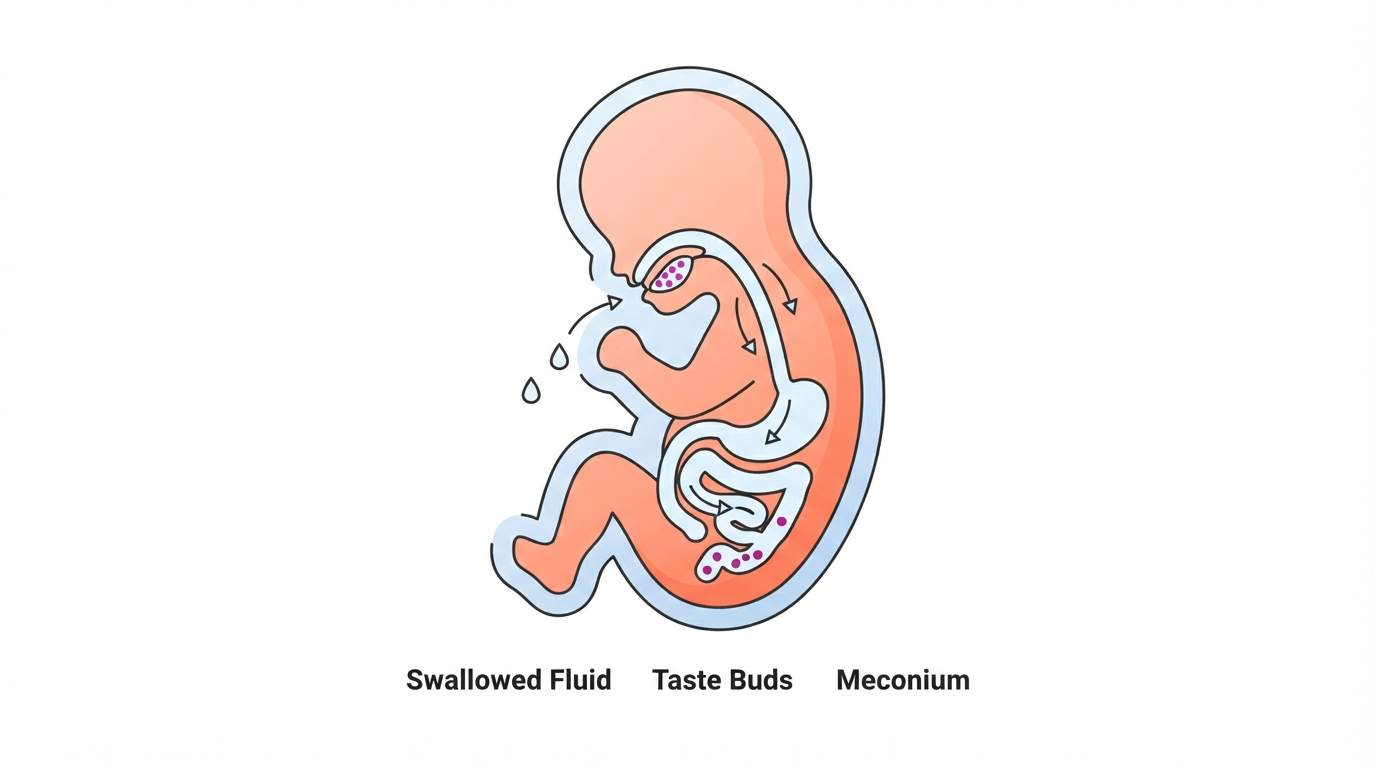Diagram showing a 21 week fetus swallowing amniotic fluid with the digestive tract and developing taste buds highlighted