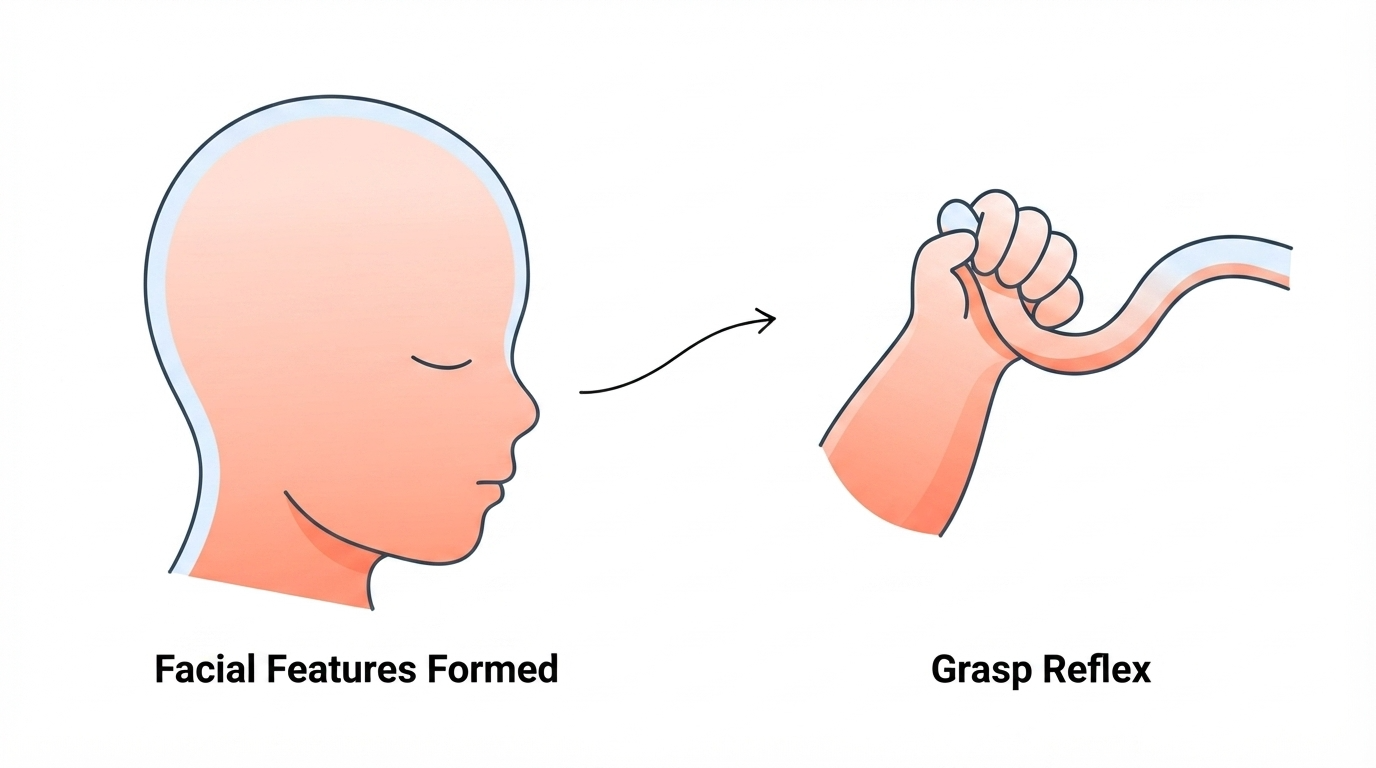 Diagram showing a 22 week fetus face with fully formed eyebrows, eyelids, and lips, and a hand grasping the umbilical cord
