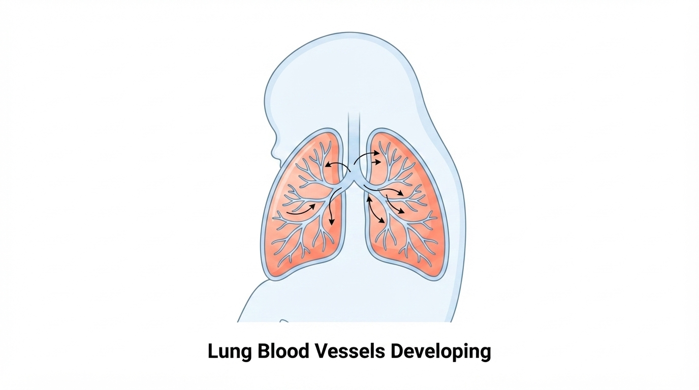 Diagram showing a 23 week fetus with blood vessels developing inside the lungs
