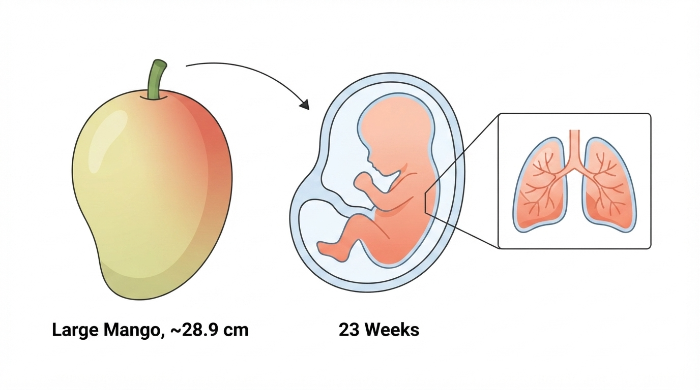 Diagram comparing a large mango to a 23 week fetus, showing blood vessels developing in the lungs