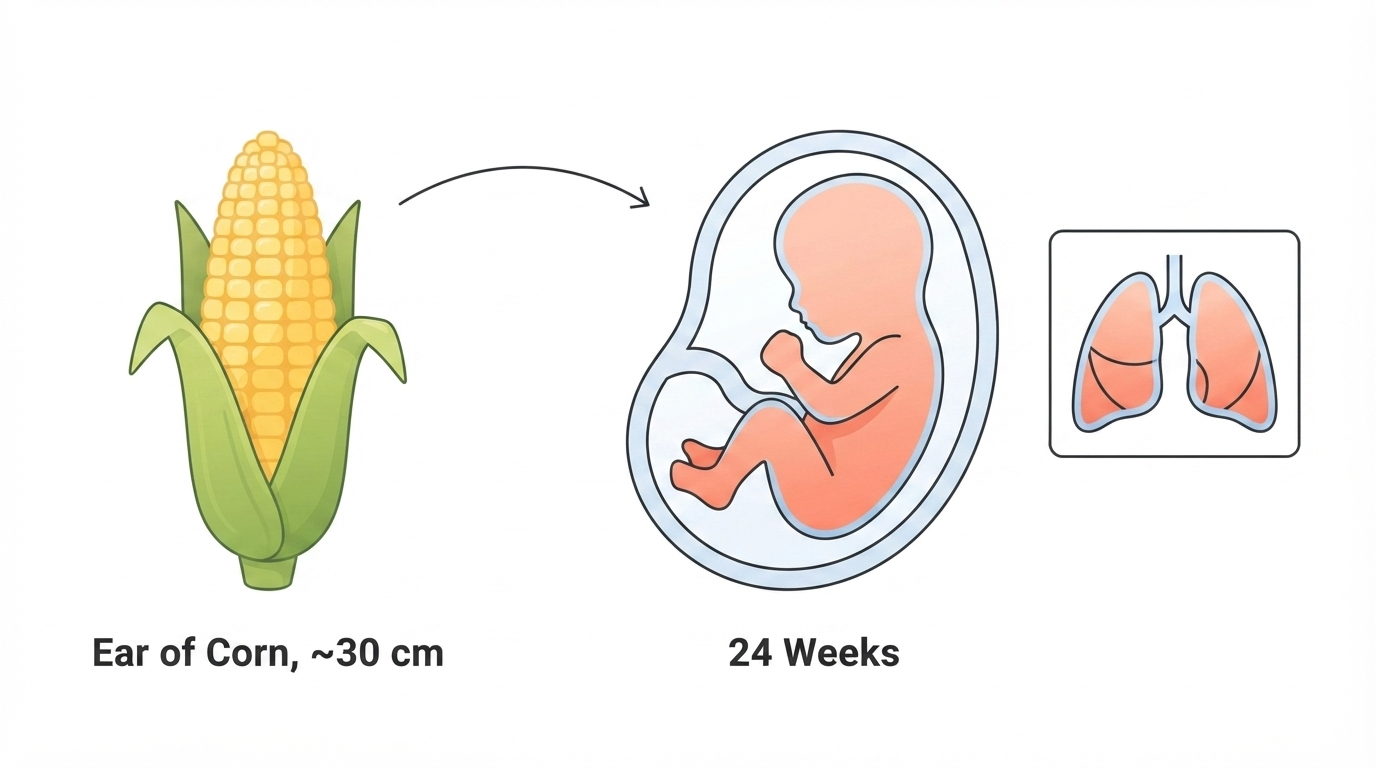 Diagram comparing an ear of corn to a 24 week fetus, showing fully formed lung structure