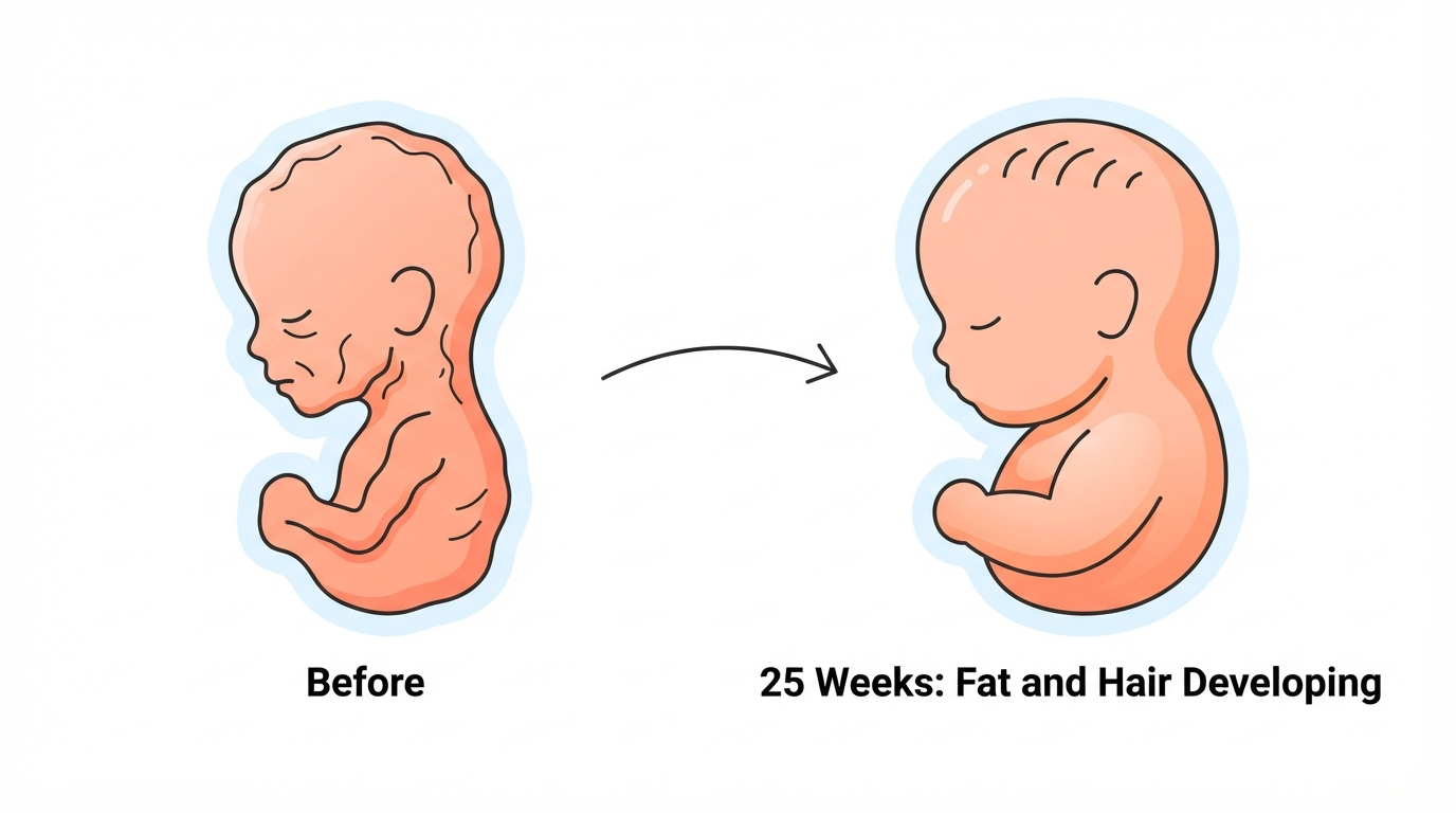 Diagram showing a 25 week fetus with hair developing on the scalp and body fat filling out under the skin