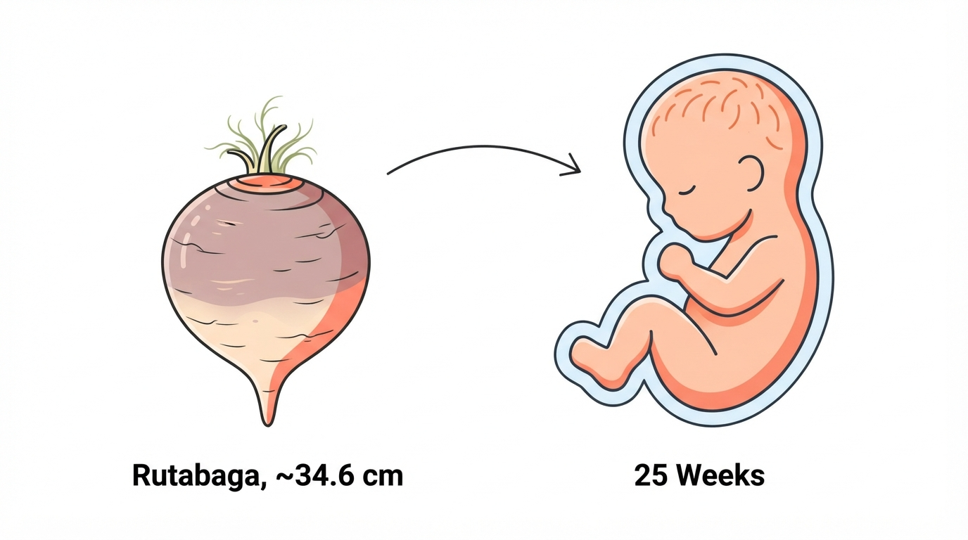 Diagram comparing a rutabaga to a 25 week fetus, showing hair color and texture beginning to develop