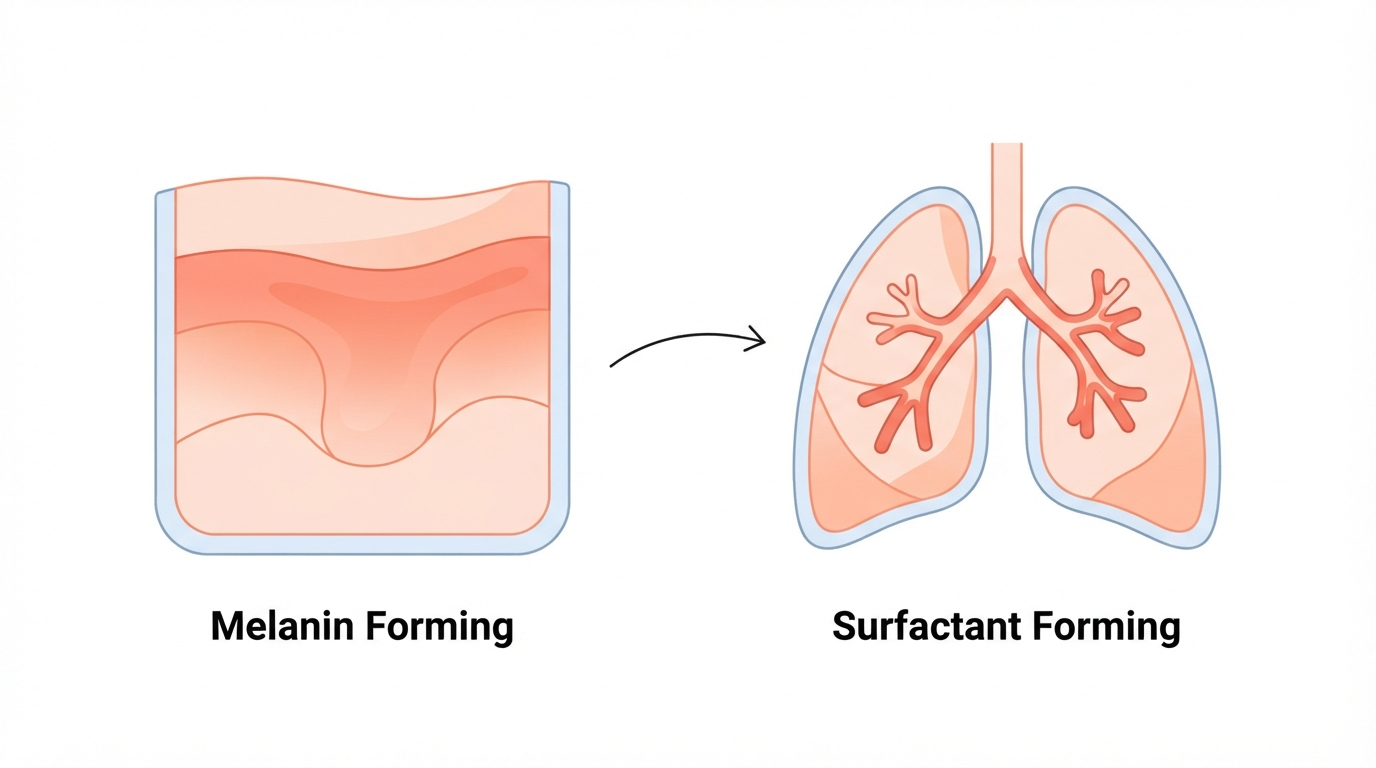Diagram showing a 26 week fetus with melanin pigment cells developing in the skin and surfactant forming in the lungs