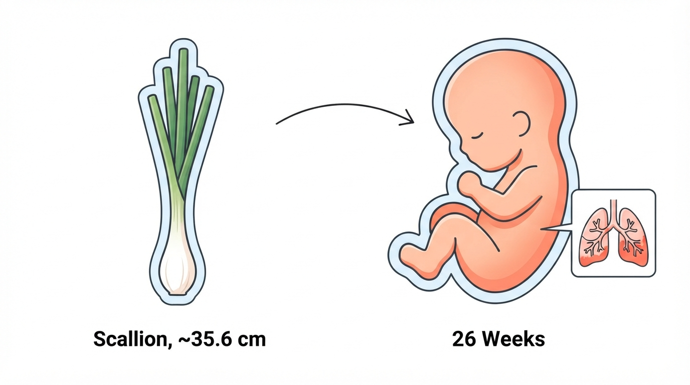 Diagram comparing a scallion to a 26 week fetus, showing melanin production and lungs starting to produce surfactant