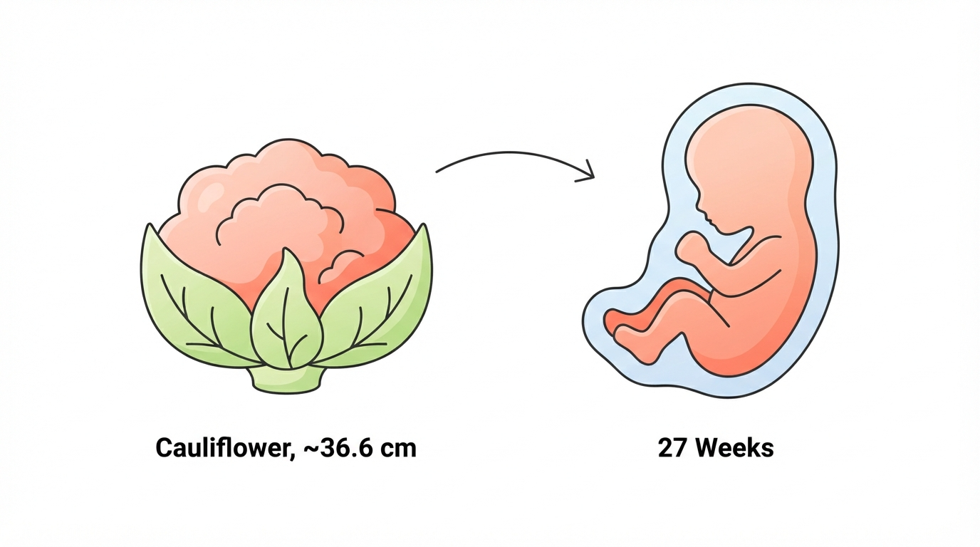 Diagram comparing a cauliflower to a 27 week fetus, showing eyes opening and blinking for the first time