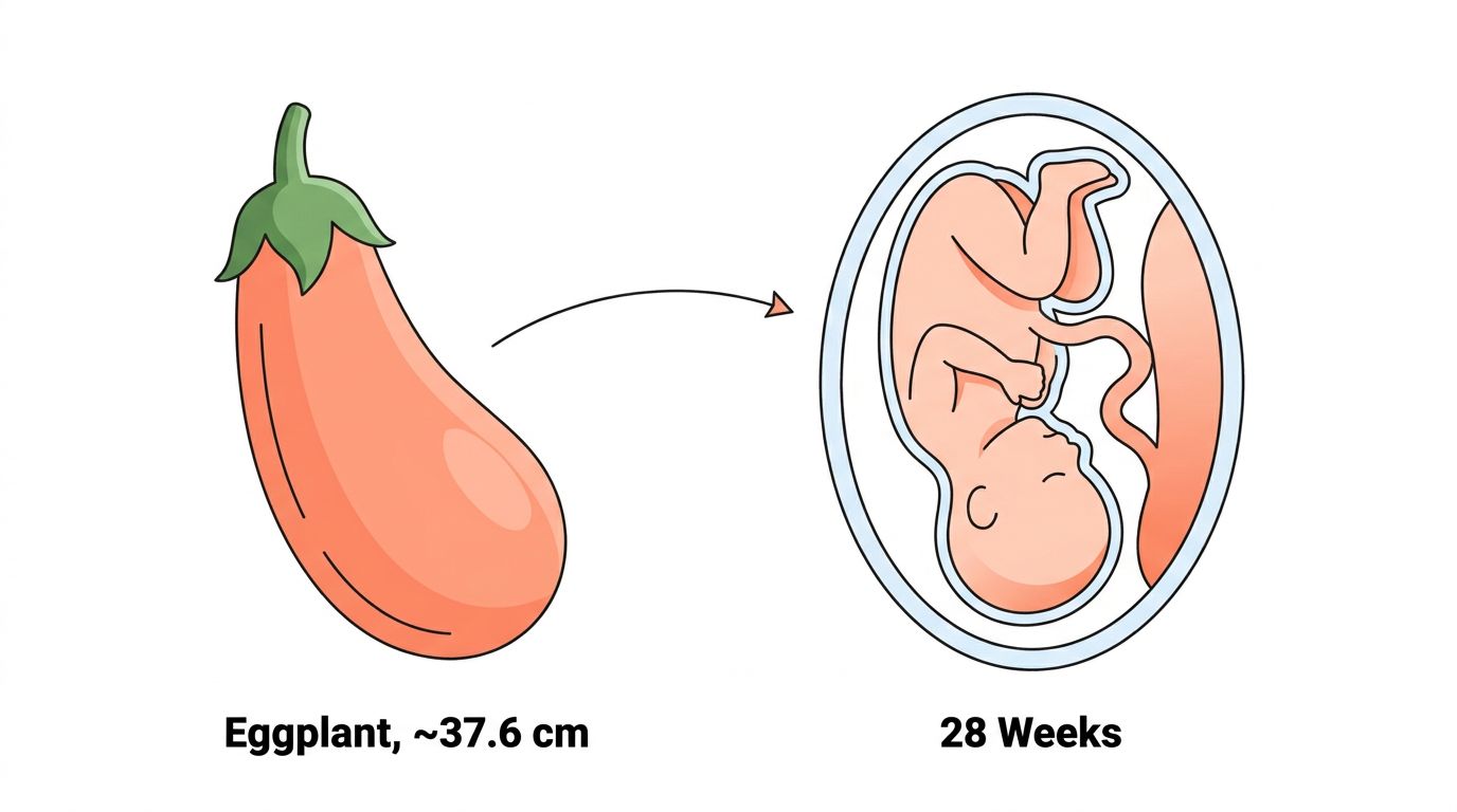 Diagram comparing an eggplant to a 28 week fetus, showing baby turning head-down in the uterus