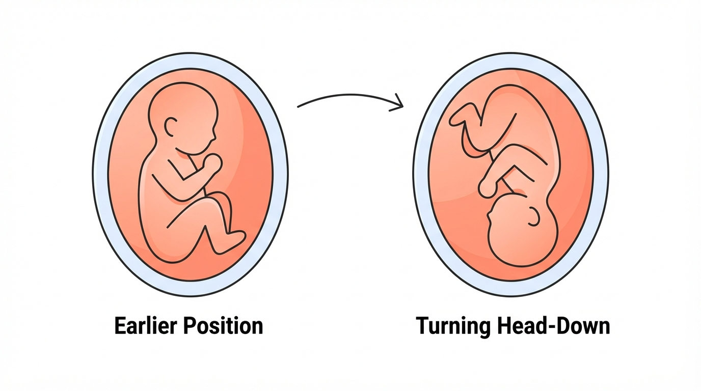 Diagram showing a 28 week fetus turning head-down in the uterus at the start of the third trimester