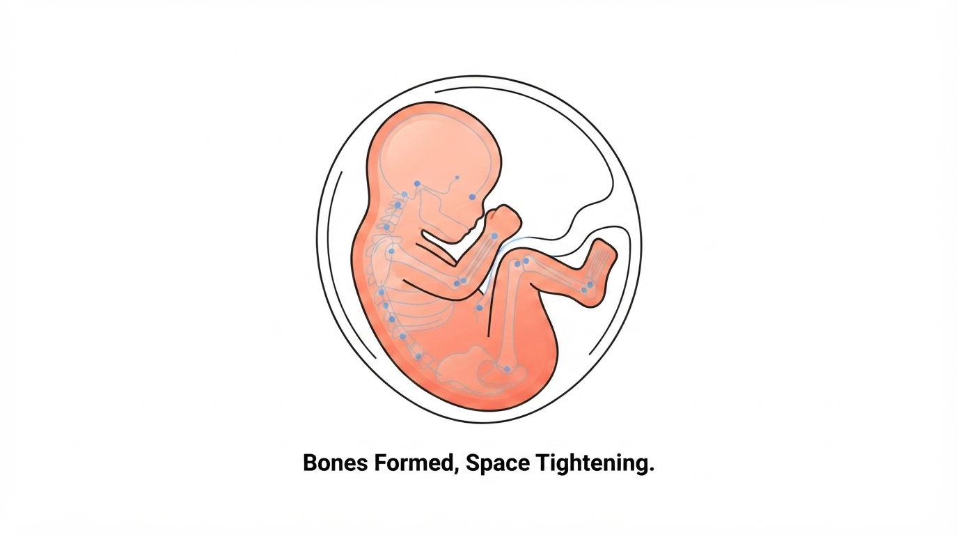 Diagram showing a 29 week fetus with fully formed but soft bones inside a cramped amniotic sac