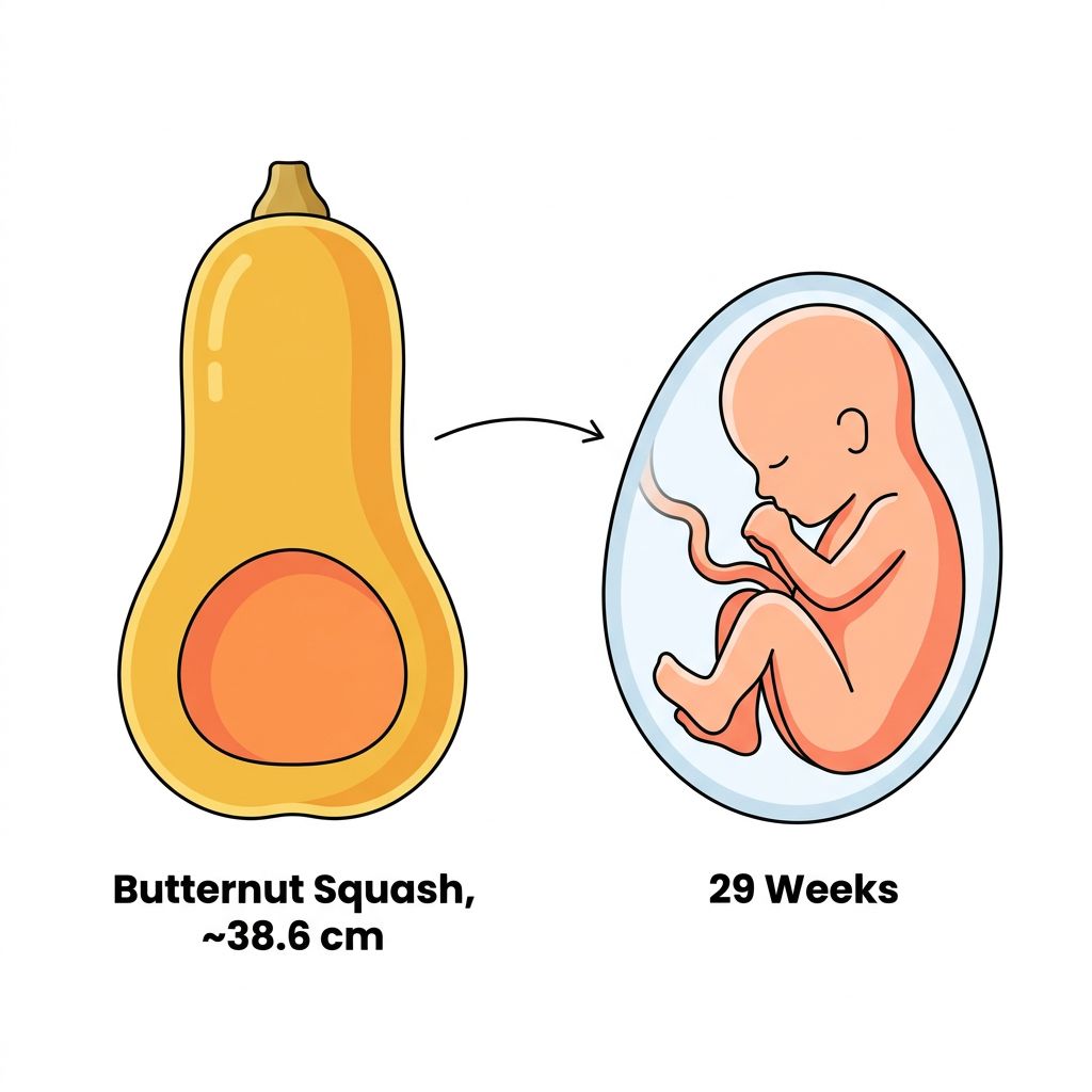 Diagram comparing a butternut squash to a 29 week fetus, showing baby getting cramped in the amniotic sac