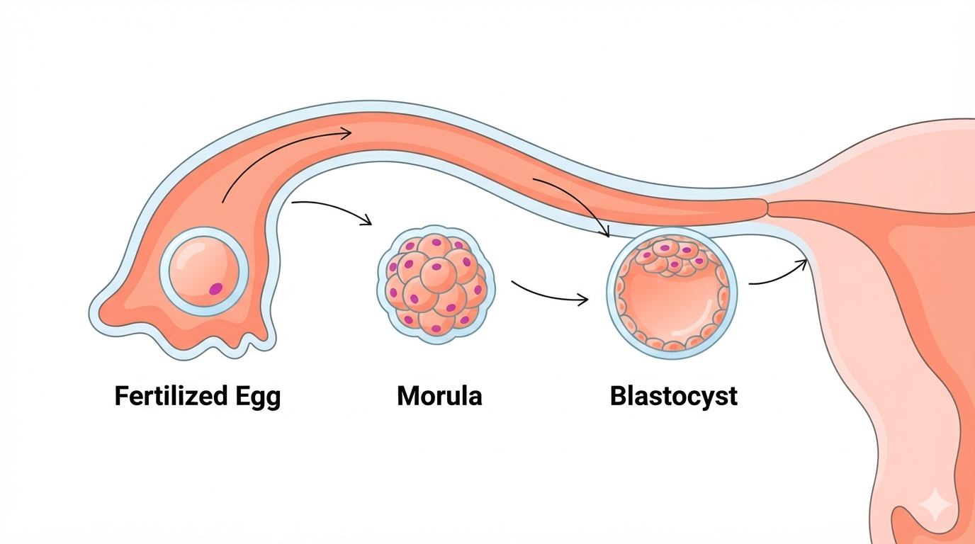 Diagram of the week 3 pregnancy sequence showing the fertilized egg dividing into a morula and then a blastocyst as it travels through the fallopian tube toward the uterus