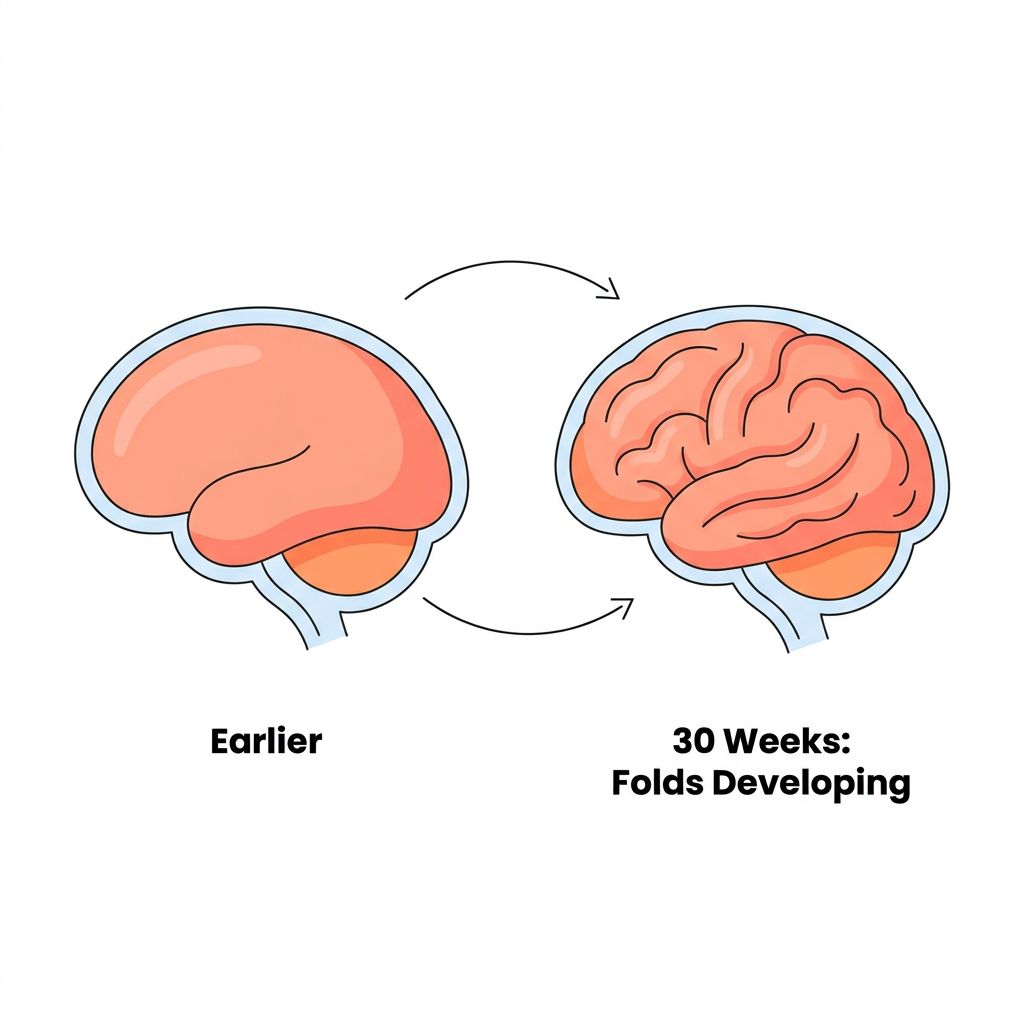 Diagram showing a 30 week fetus brain developing grooves and folds as it matures rapidly