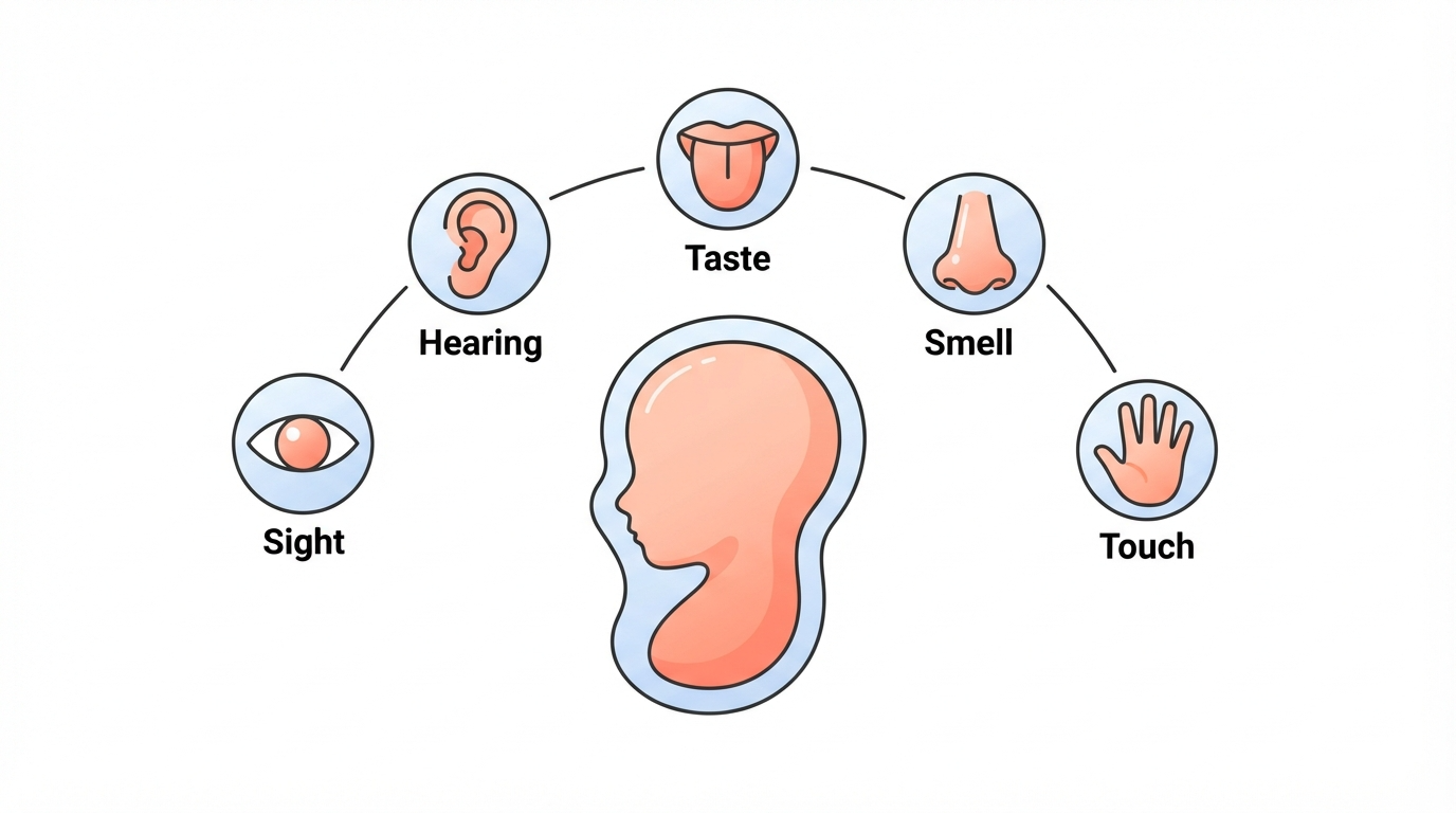 Diagram showing a 31 week fetus with all five senses becoming increasingly active as the brain processes more stimuli