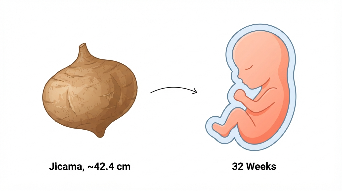 Diagram comparing a jicama to a 32 week fetus, showing regular breathing movements as the lungs mature