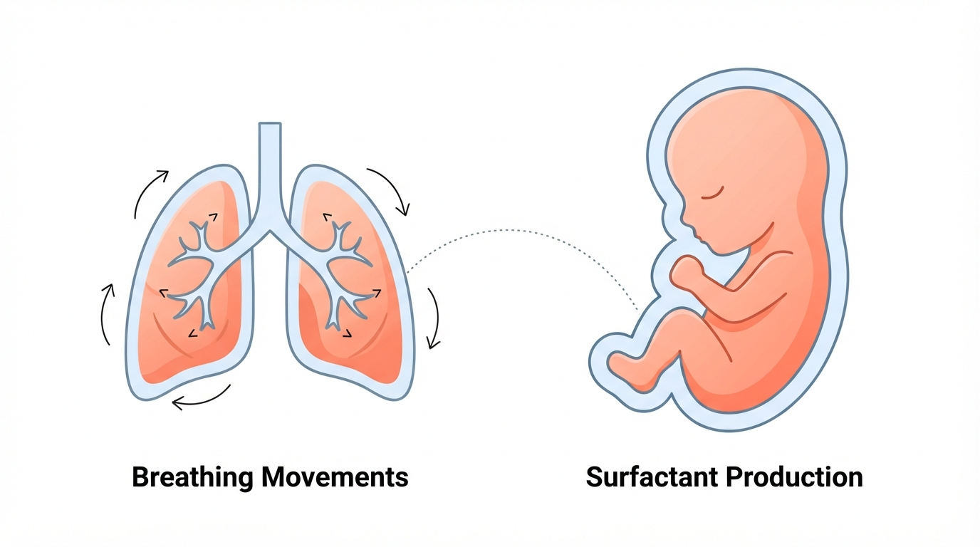 Diagram showing a 32 week fetus practicing regular breathing movements as the lungs produce surfactant