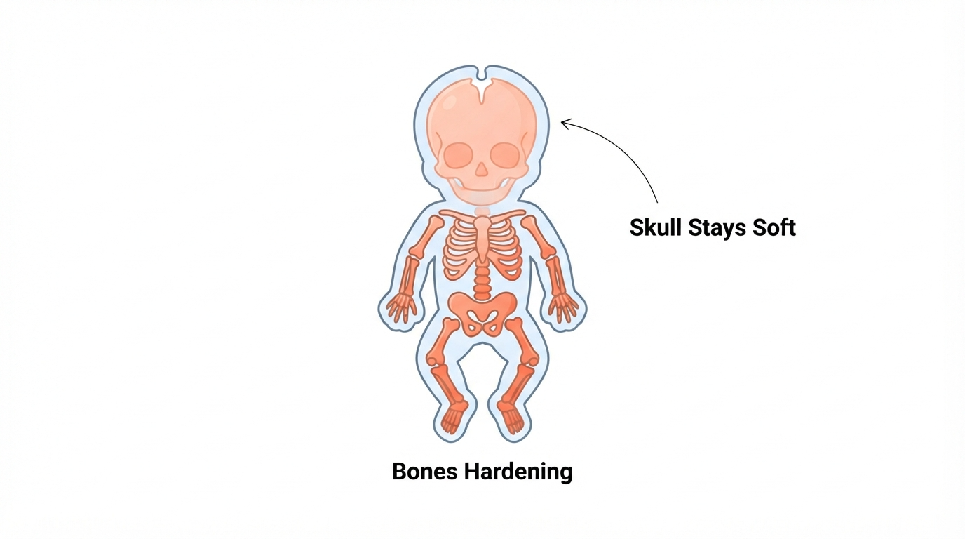 Diagram showing a 33 week fetus skeleton hardening while the skull bones stay soft and flexible