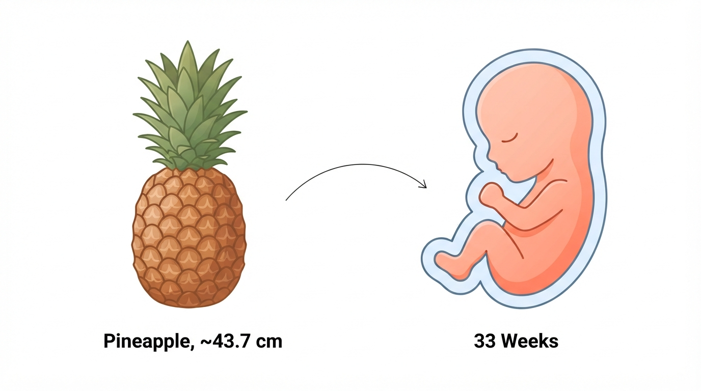 Diagram comparing a pineapple to a 33 week fetus, showing bones hardening except the still-soft skull