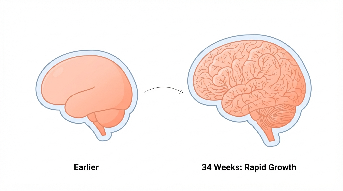 Diagram showing a 34 week fetus brain growing rapidly as the nervous system continues maturing