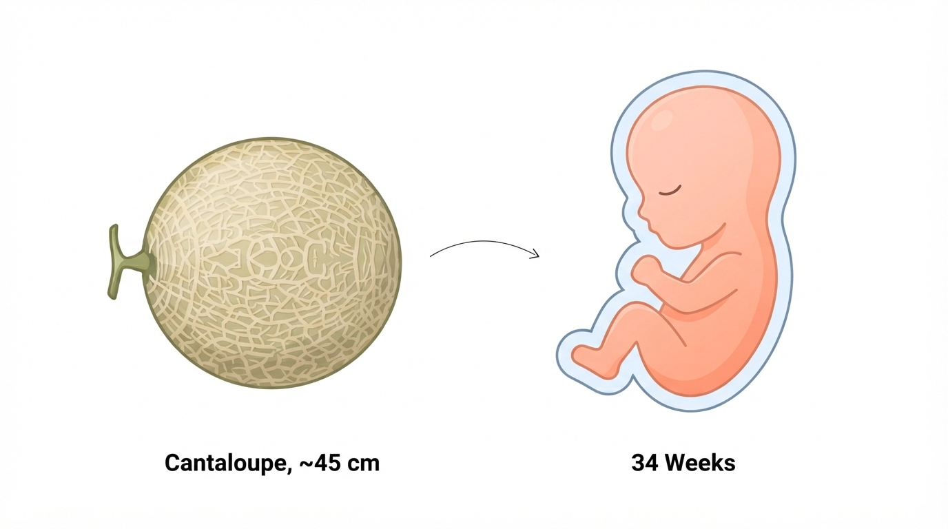 Diagram comparing a cantaloupe to a 34 week fetus, showing the brain growing rapidly and the nervous system maturing