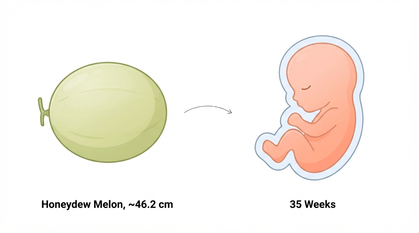 Diagram comparing a honeydew melon to a 35 week fetus, showing the kidneys completely developed