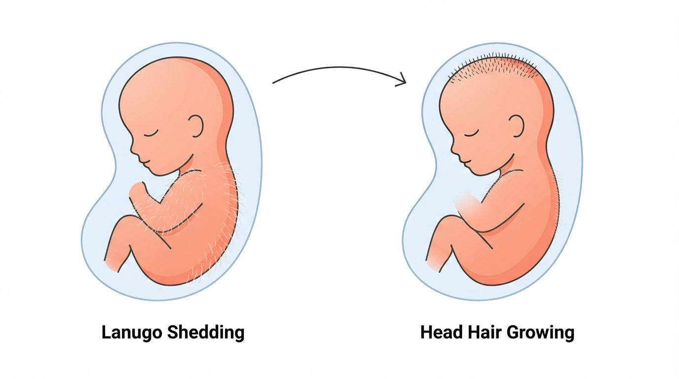 Diagram showing a 36 week fetus shedding lanugo body hair as head hair continues to develop