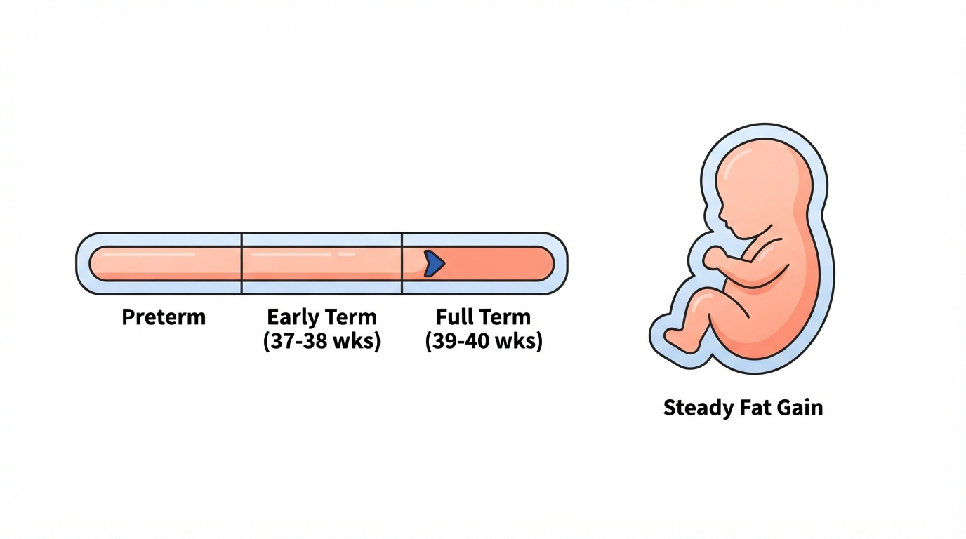 Diagram showing a 37 week fetus reaching early term status with steady fat gain continuing