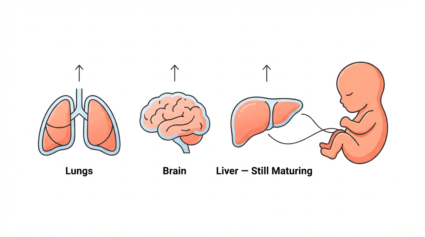 Diagram showing a 38 week fetus with the lungs, brain, and liver continuing to mature ahead of birth