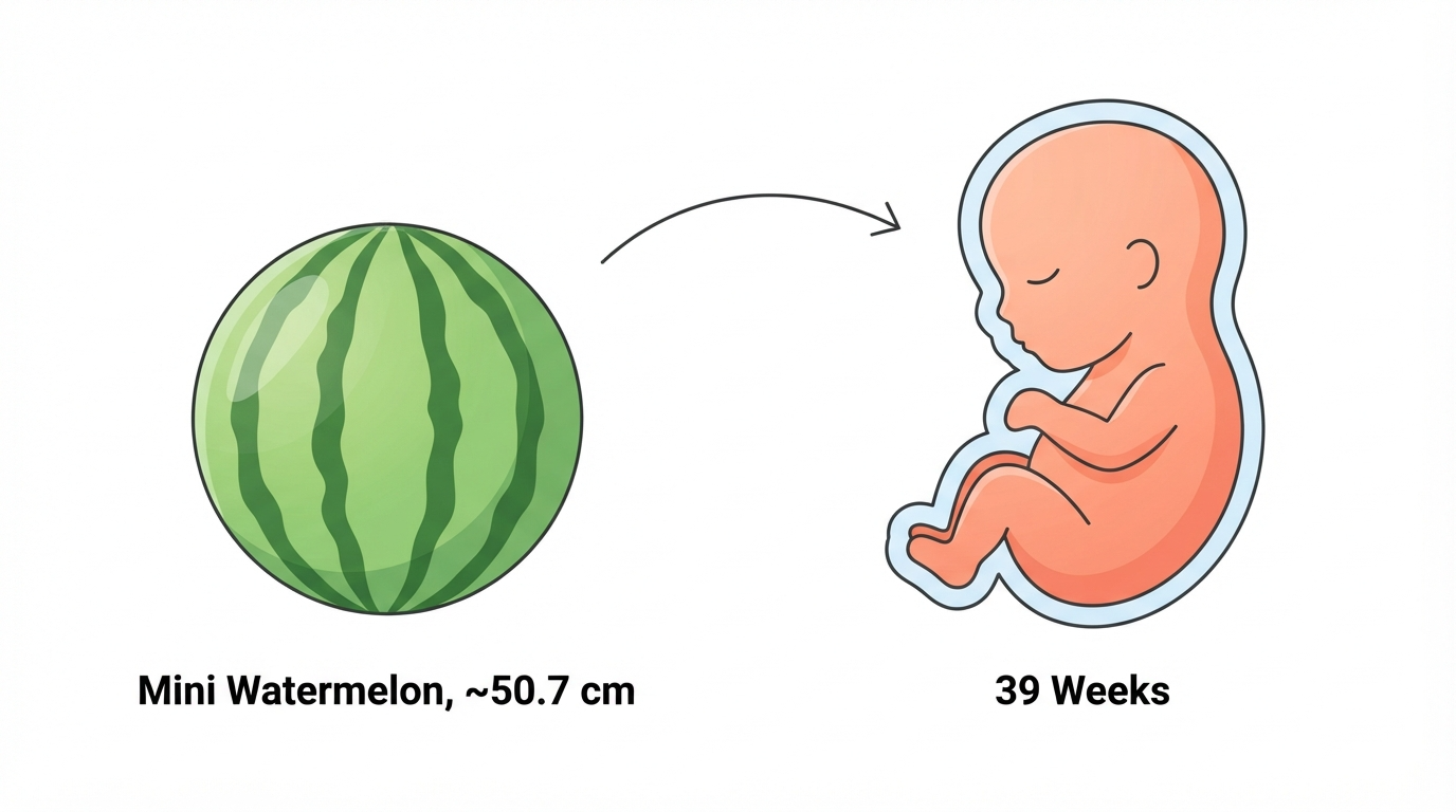 Diagram comparing a mini watermelon to a 39 week fetus, showing full term status with organs ready for birth