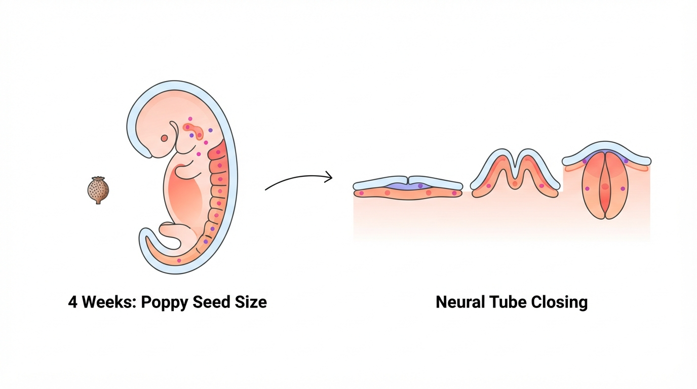 Week 4: Poppy Seed Size and Neural Tube Closure Diagram comparing a poppy seed to a 4 week embryo and showing the neural tube closing along the embryonic disc