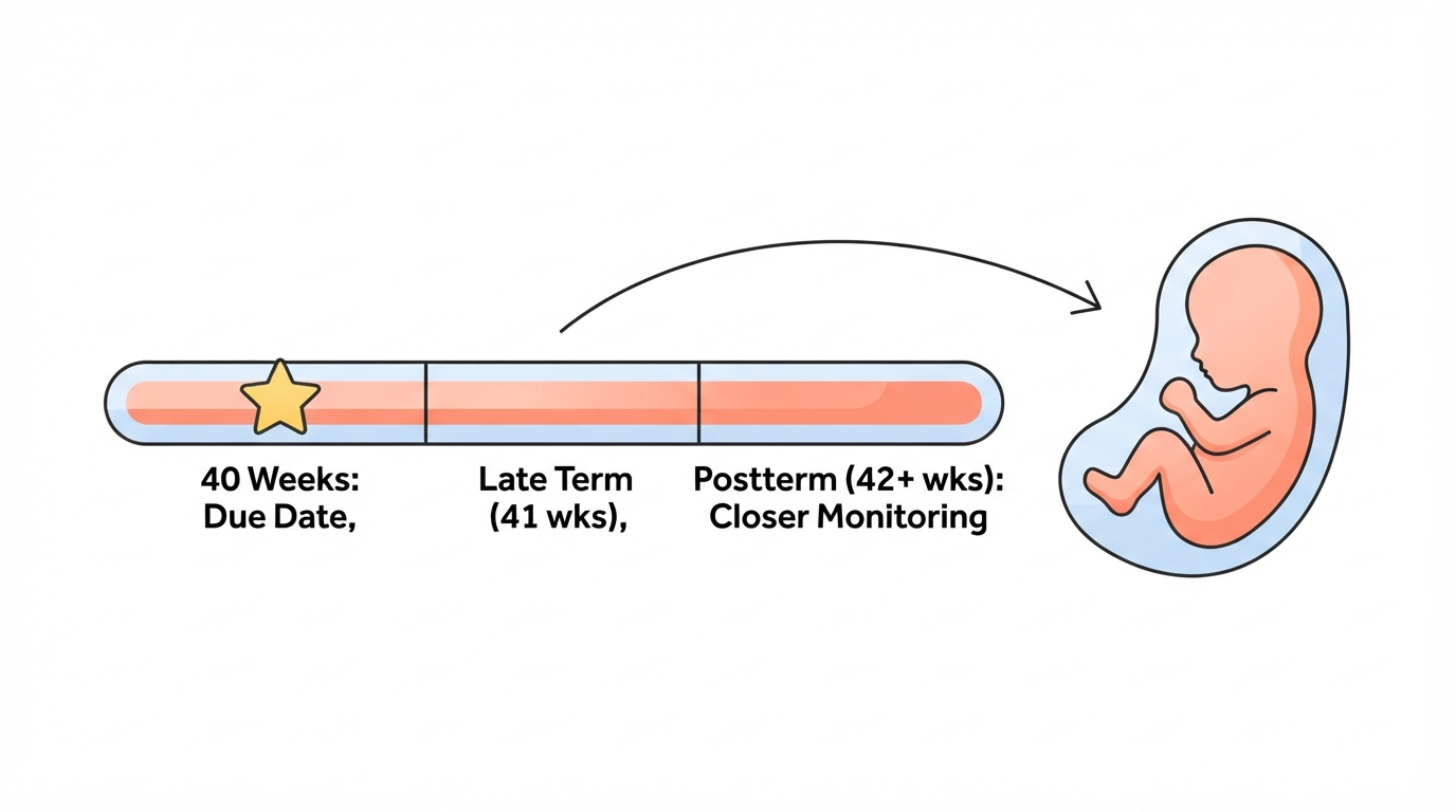 Diagram showing a full term 40 week fetus at the due date alongside a timeline of late term and postterm monitoring