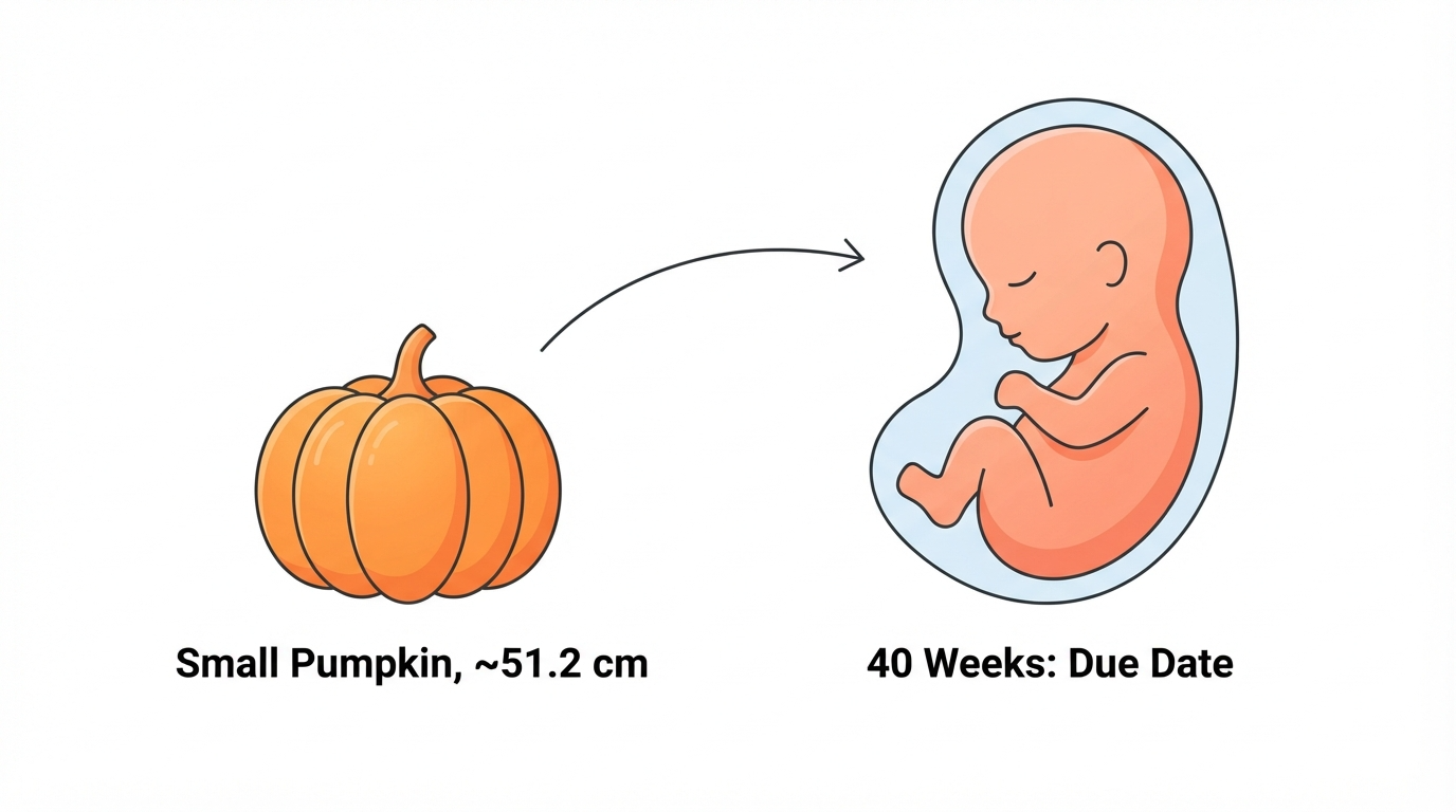 Diagram comparing a small pumpkin to a 40 week fetus at the official due date