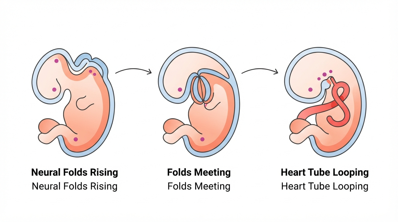 Week 5: Neural Folds Rising and Heart Tube Looping Diagram showing neural folds rising and meeting along the embryo and the primitive heart tube beginning to loop at 5 weeks pregnant